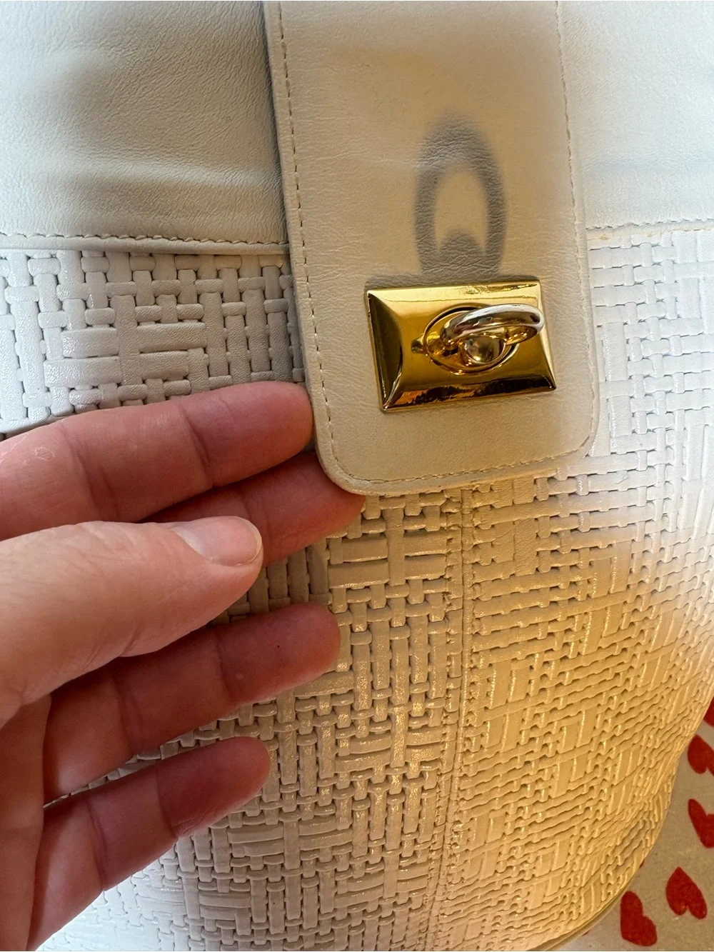 Unique Vintage 80s white designer bucket bag gold tone hardware